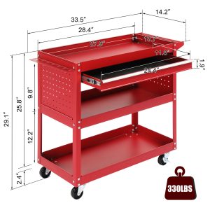 3-Tier Rolling Tool Cart, Metal Heavy Duty Utility Cart on Wheels with Pegboard & Drawer & 4 Hooks, 330 lb Load Large Storage Capability Tool Cart for Garage Warehouse Repair Shop