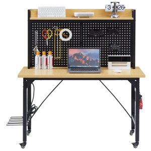 48”Adjustable Workbench with pegboard, Heavy Duty Wooden Desktop Workbench with Wheels, 1600 lb. Load Capacity, Rolling Workbench with AC/USB Outlet, Hooks, Shelf, for Garage, Workshop, Office, Home.