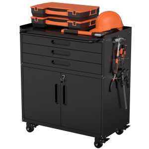 34.3″ Rolling Metal Tool Cabinet – Heavy Duty Garage Storage with Lockable Doors & 3 Drawers, Mobile Workbench Organizer for Garage, Workshop, Home