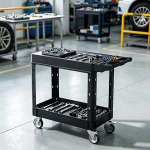 550 lbs Utility Cart, 31.3 x 17.7 Inch 2-Shelf Heavy Duty Plastic Service Cart with 360° Swivel Wheels (2 with Brakes), Suitable for Warehouse, Garage & Cleaning