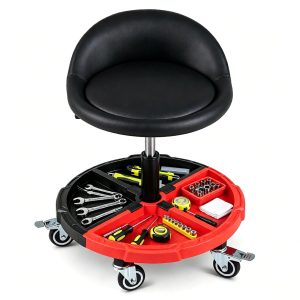 Rolling Mechanic Stool with Backrest & Removable Tool Tray, 360° Swivel Lockable Wheels Heavy Duty 330 LBS Capacity Gas Lift Workshop Repair Seat Black Red
