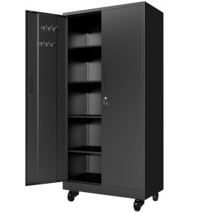 Heavy Duty Metal Storage Cabinet with Doors and Wheels, 71″ Tall Garage Cabinet with 4 Adjustable Shelves, Lockable Tool Cabinet with Pegboard & 8 Hooks, Black Steel Storage Cabinet for Garage