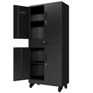 Metal Storage Cabinet with Drawer, 71″ Garage Cabinet with Locking Doors and 2 Adjustable Shelves, Heavy Duty Tool Cabinet with Pegboard, 8 Hooks & Rolling Wheels for Workshop Utility