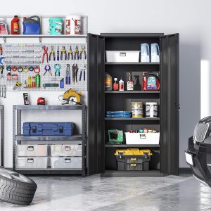 Heavy-Duty Metal Garage Storage Cabinet – Double Door Organizer for Tools & Equipment | Black Steel Cabinet (SKU: OMC015B02)